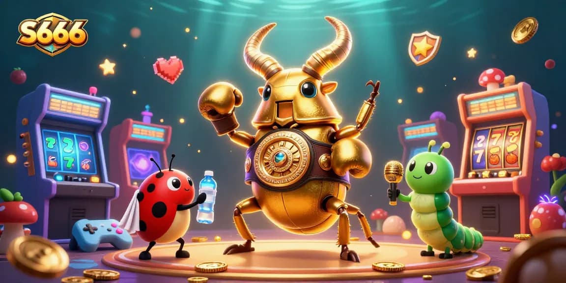 S666 slots scene with a giant golden stag beetle boxing champion and casino elements like slot reels and jackpot.