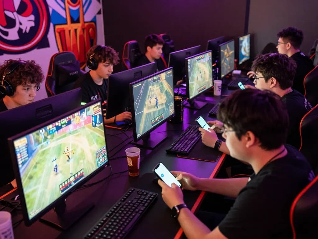 Esport betting Singapore scene with gamers using mobile apps during a live tournament.