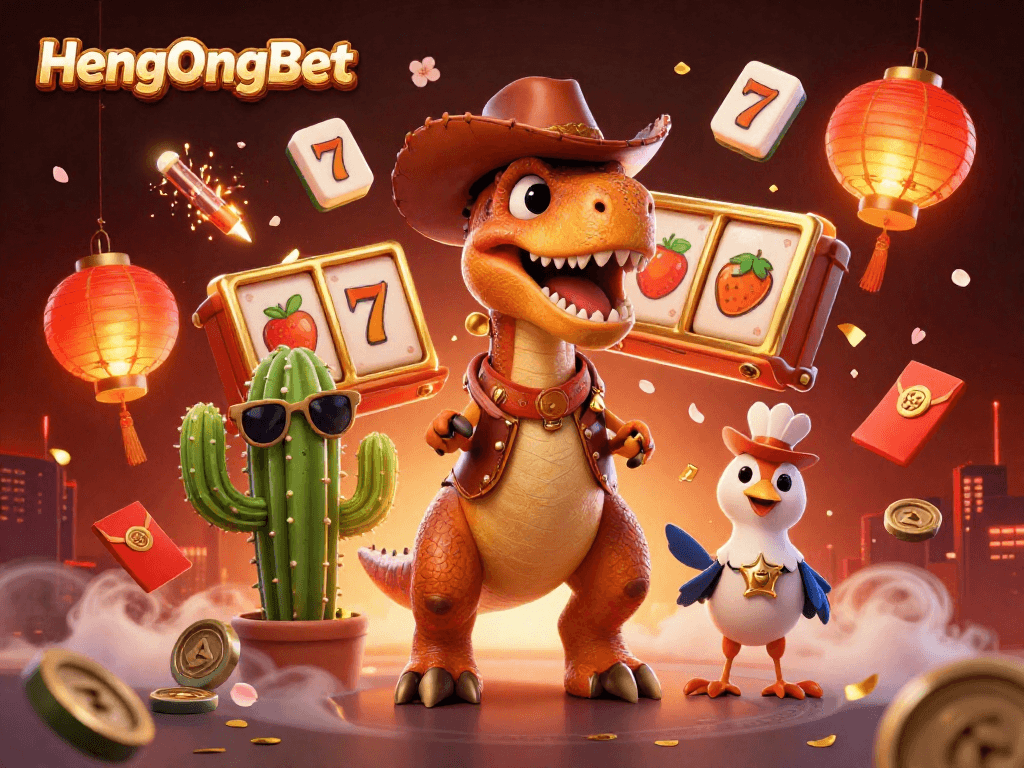 Engage with HengOngBet through a vibrant 3D casino scene with exciting gaming elements and dynamic characters.