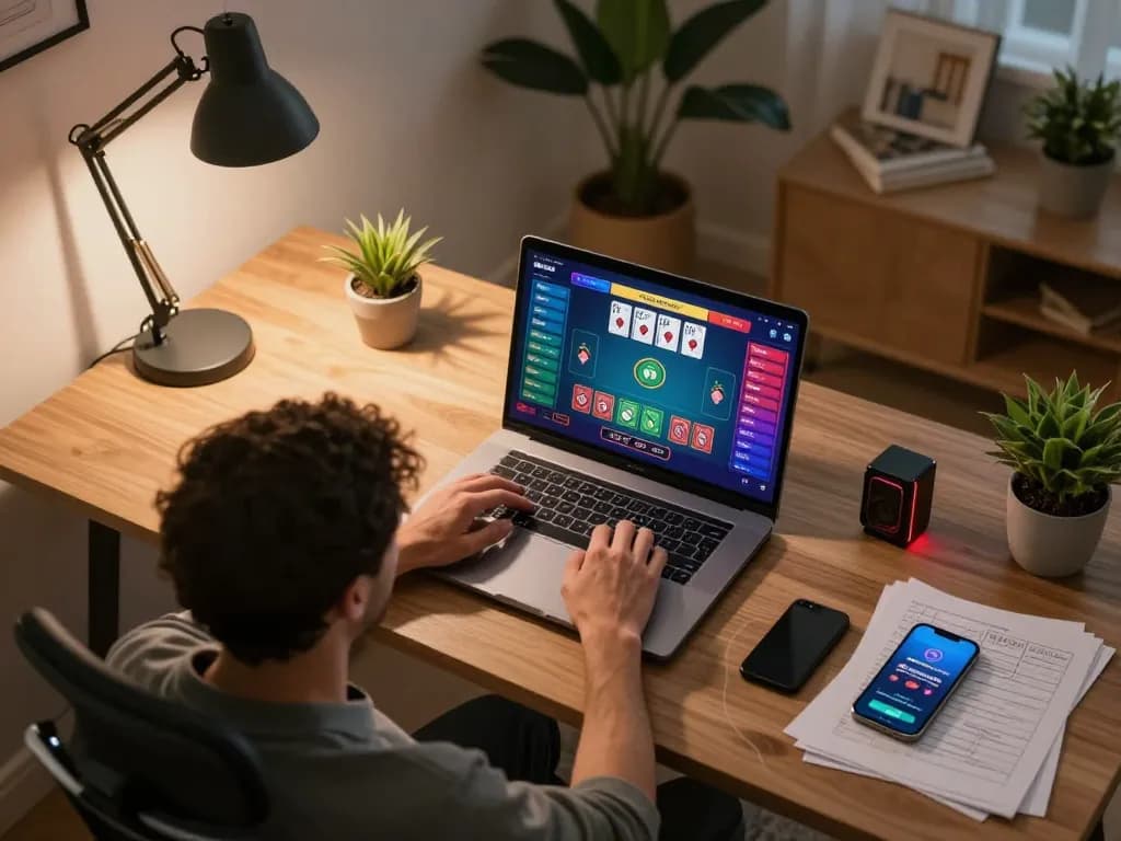 Engaging in online gambling at TT88 with live dealer blackjack game on a laptop.