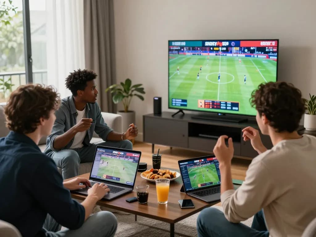 SBOBET enthusiasts enjoying live betting in a vibrant living room