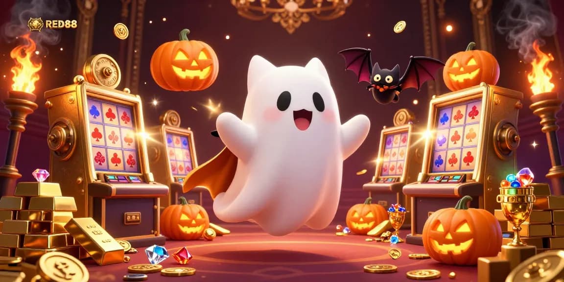 Engage with RED88's thrilling casino atmosphere alongside a glowing ghost cat and treasures.