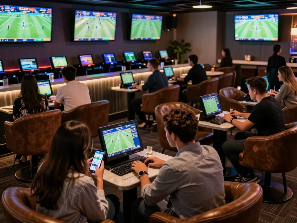 Watch live sports events and place bets on the lc88 app in a bustling betting lounge