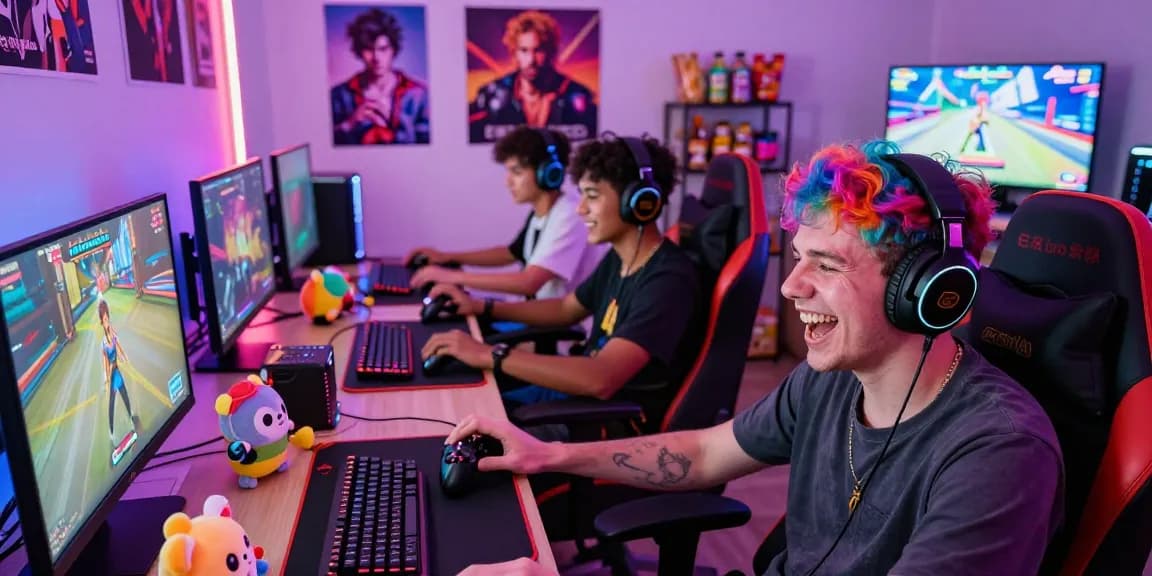 Engaged group of gamers enjoying gay ecchi game in vibrant gaming setup with colorful LED lighting.