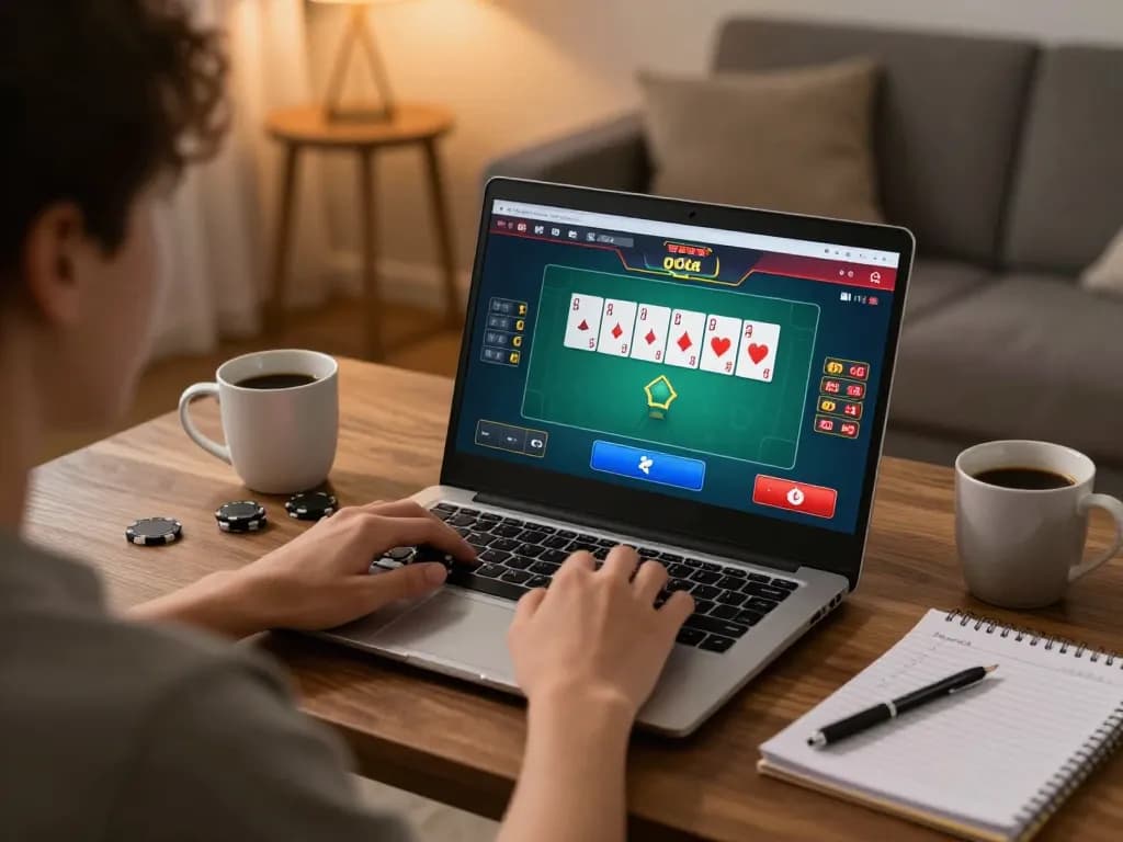 Engaged user playing poker on luck8 com from home, demonstrating strategy and excitement in gaming.