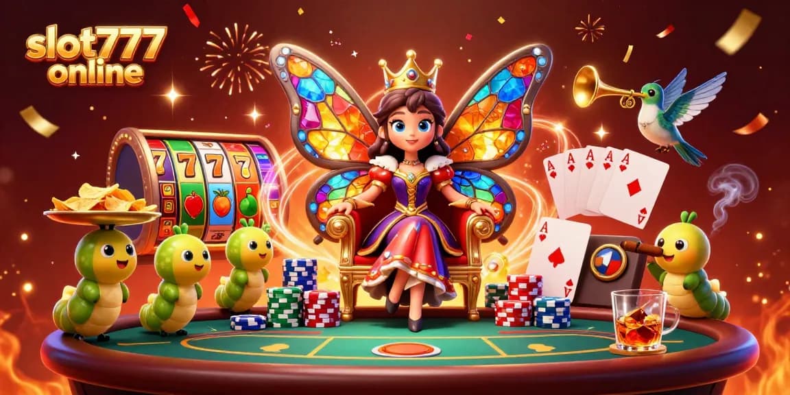 Experience thrilling gameplay at slot777 online with a vibrant scene featuring a butterfly queen and dazzling slot reels.