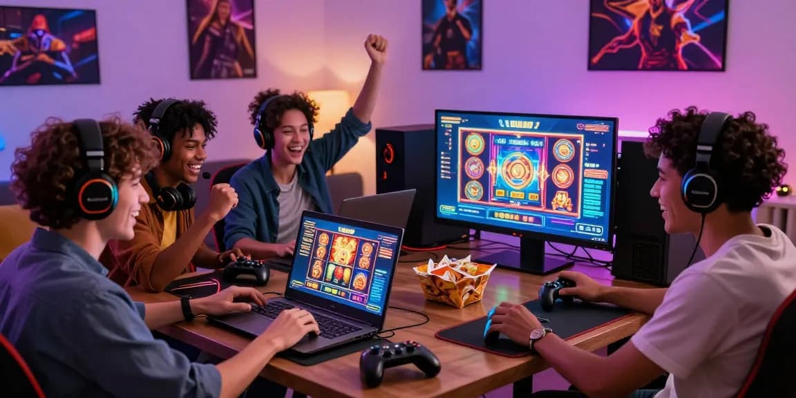 Exciting gaming scene featuring friends enjoying situs pajaktoto slot games in a cozy living room.