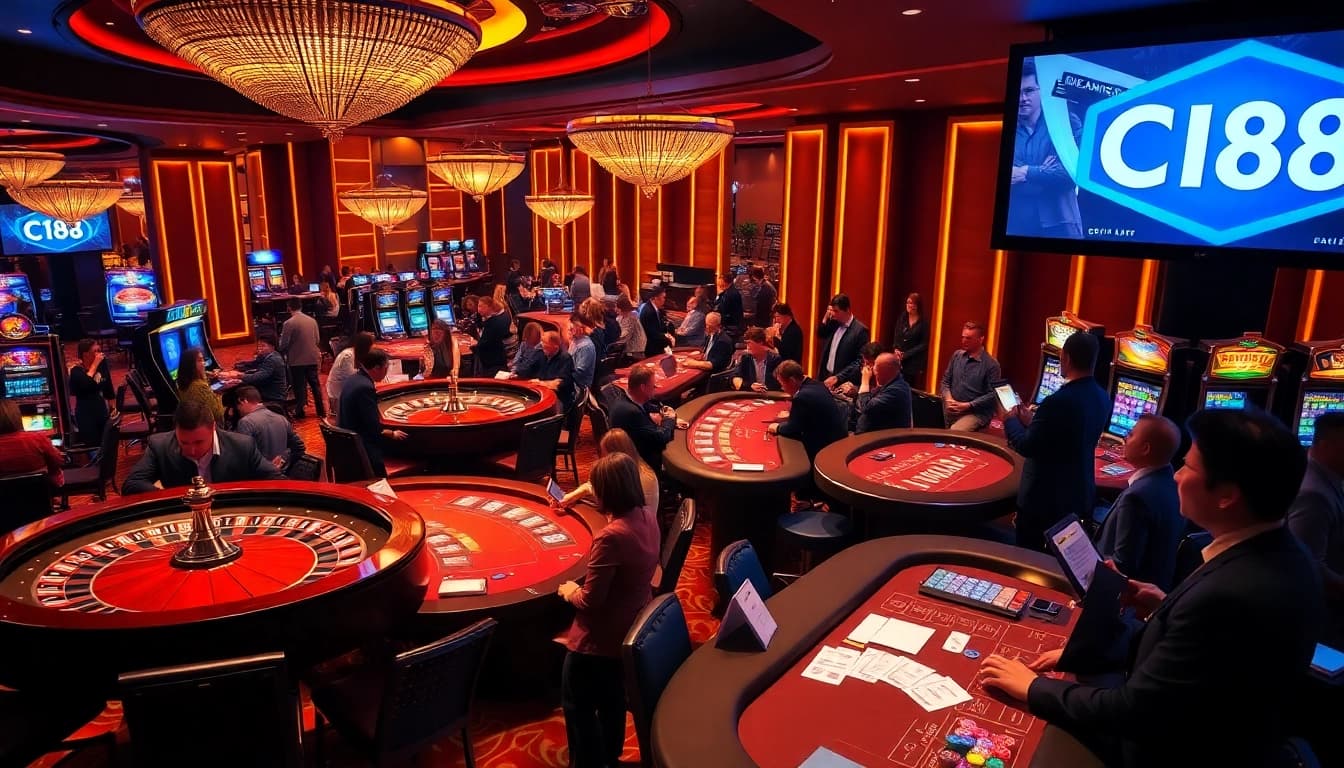 C168 gaming scene with players at roulette and poker tables, showcasing excitement and luxury.