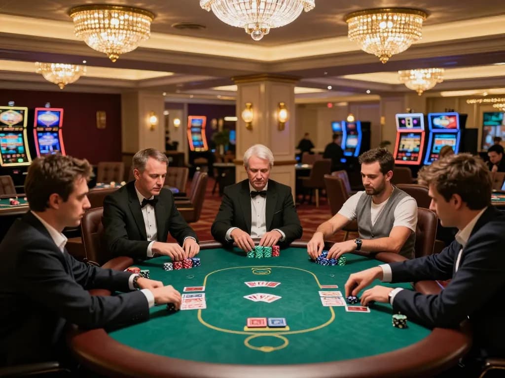 Experience dash88 with expert poker players in a luxurious casino setting, showcasing strategic gameplay.