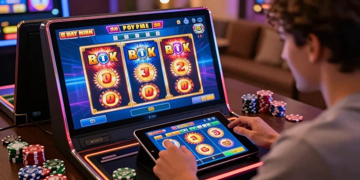 Seorang pemain sedang menikmati link slot gacor dengan suasana kasino online yang ceria dan mengundang.