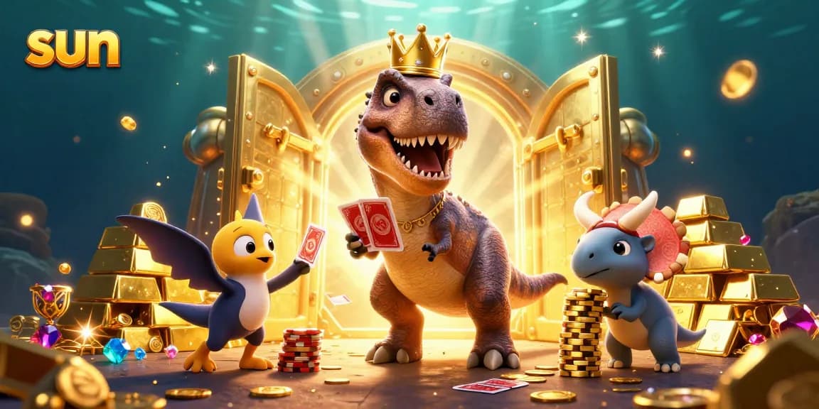 Experience the excitement of sun casino action with T-Rex shuffling cards and colorful treasure.