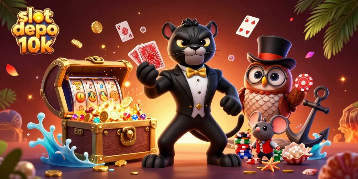 Engage with slot depo 10k by enjoying a vibrant casino illustration featuring animated characters and dazzling game elements.