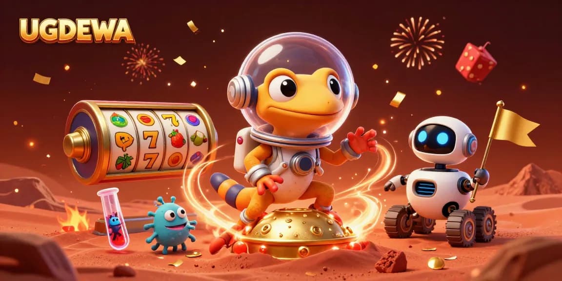 Experience thrilling gameplay with UGDEWA's vibrant slot reels and dynamic casino celebration.