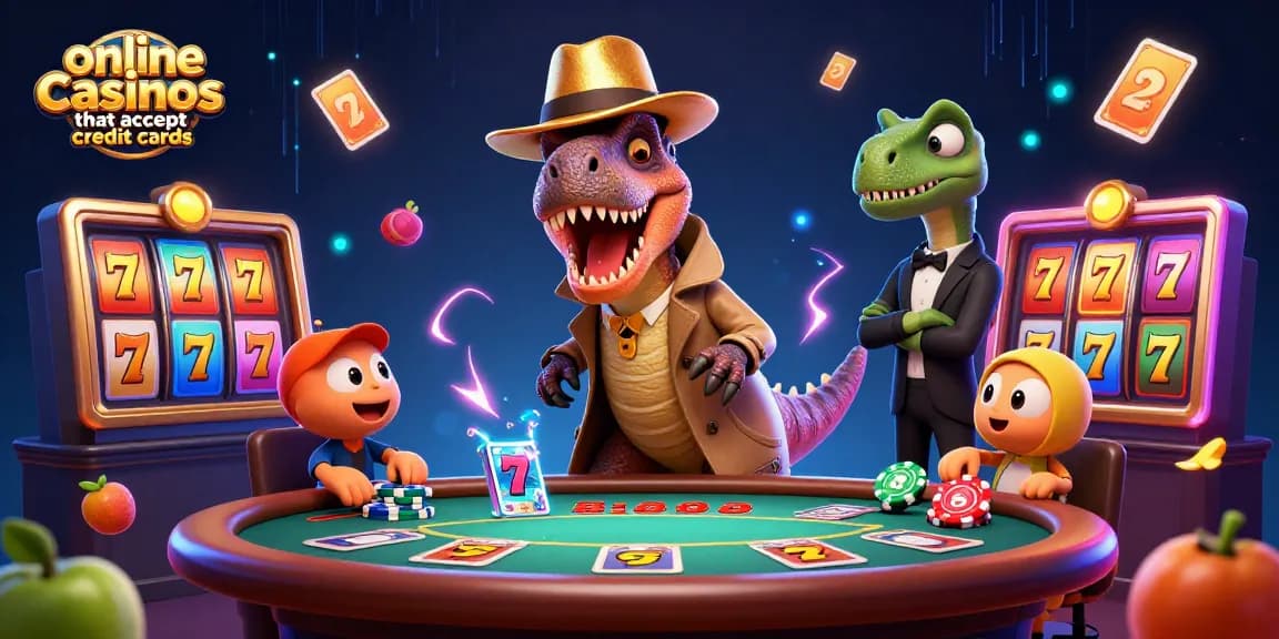 Engage with thrilling online casinos that accept credit cards featuring a velociraptor at a blackjack table.