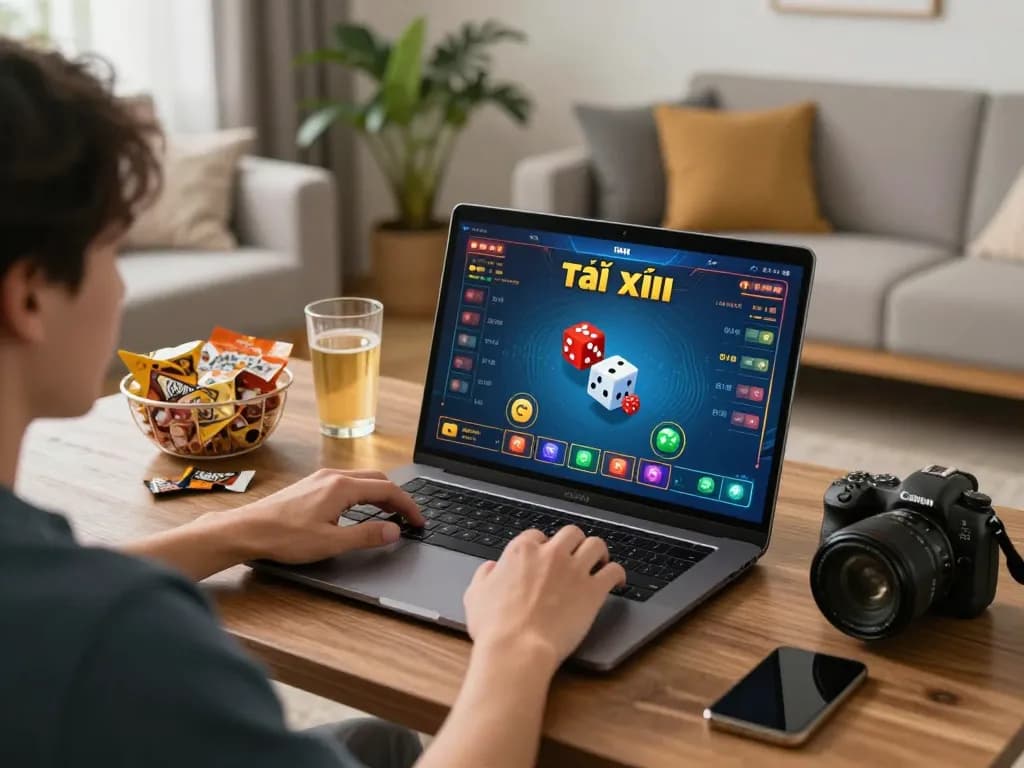 Playing tài xỉu online game on a laptop in a modern home setup, showcasing excitement and strategy.