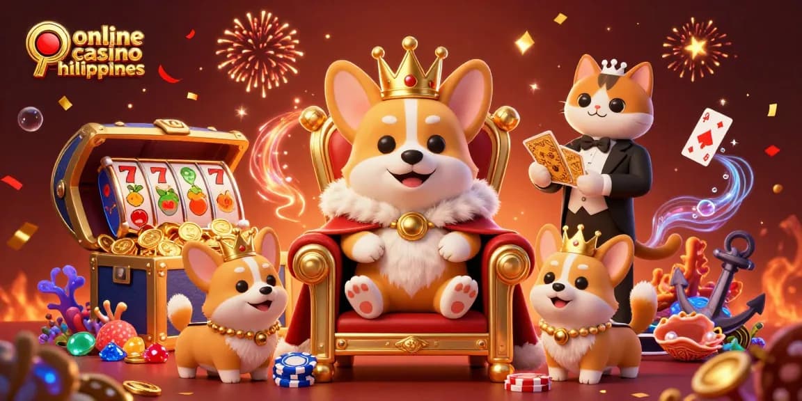 Experience excitement at an online casino Philippines with a royal corgi on a throne of poker chips.