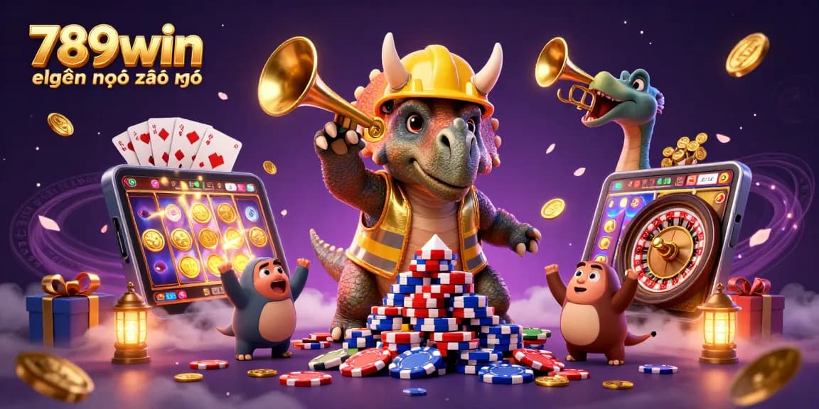 Experience excitement as 789win hiện đang mở, with a triceratops triumphantly stacking poker chips while vibrant casino elements surround the scene.