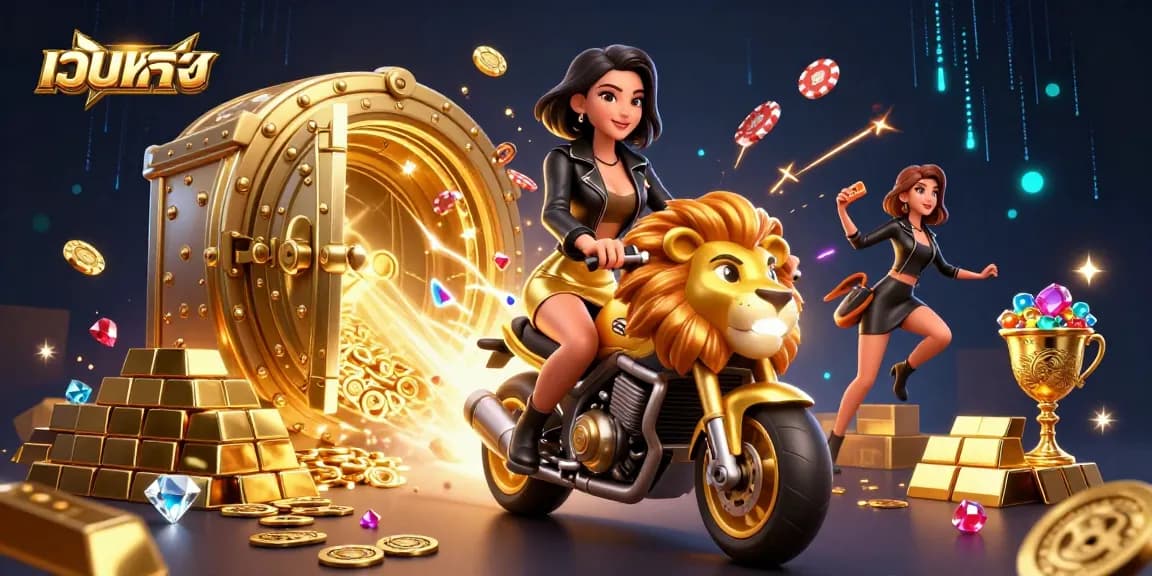 Engage with เว็บตรง in this vibrant scene featuring a glamorous woman riding a golden lion, surrounded by casino treasures.