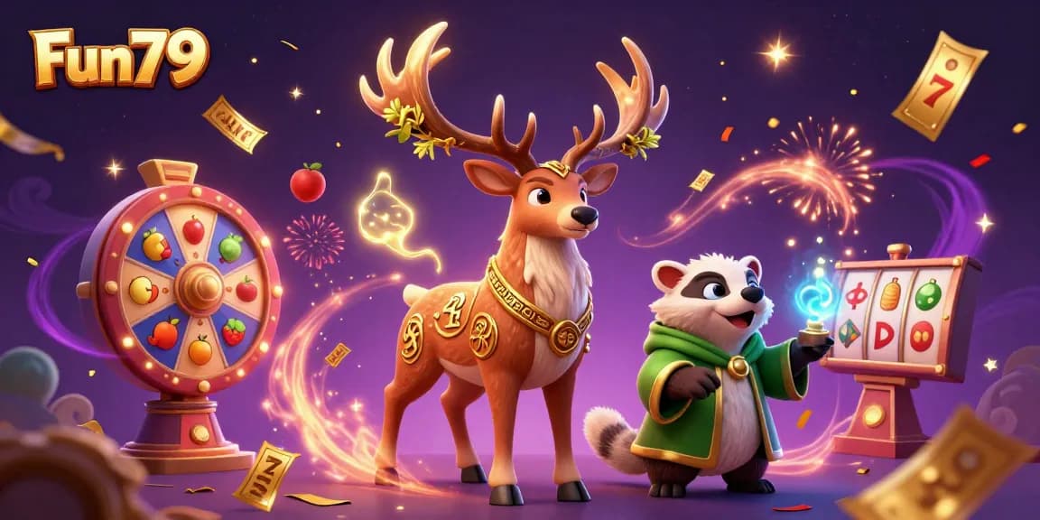 Experience Fun79's gaming magic with a vibrant scene featuring mystical characters celebrating amidst dynamic casino elements.