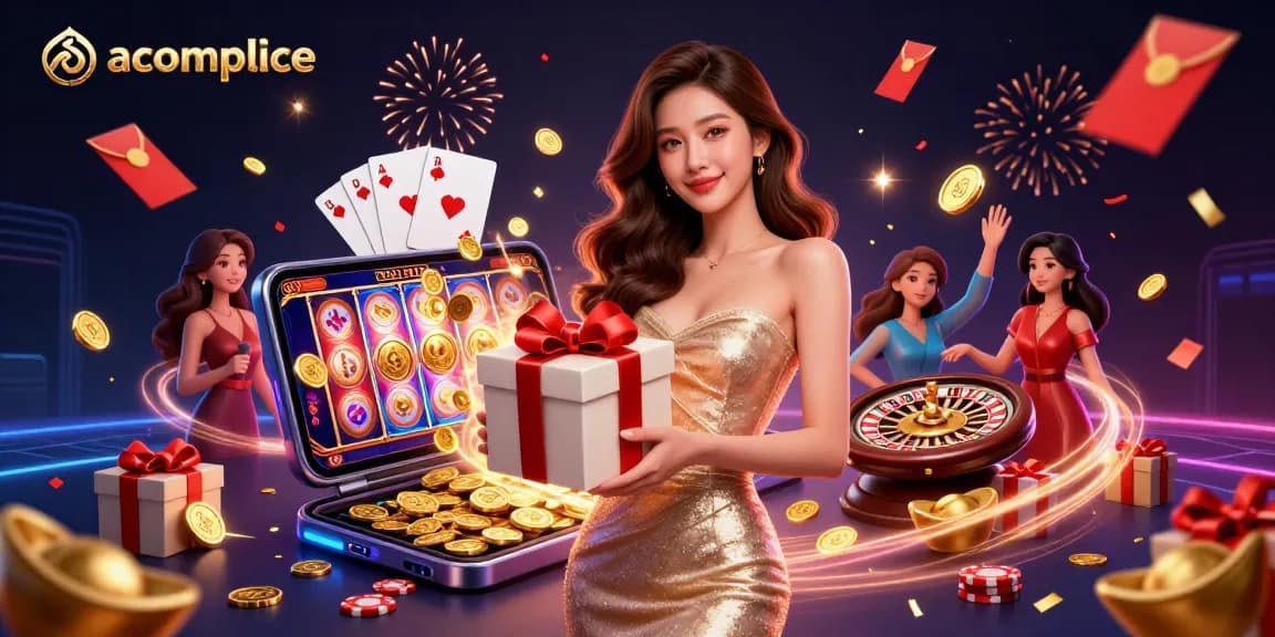 Play exciting casino games at accomplice with festive Lunar New Year celebration and female model.