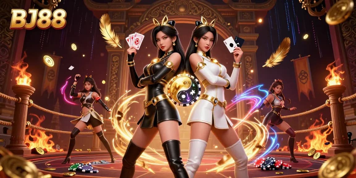 Experience exciting gameplay at BJ88 with stunning illustrations showcasing Asian twins, cards, and casino dynamics.