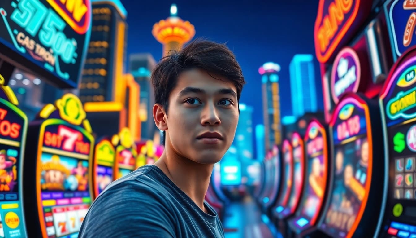 Experience a thrilling online casino with AT99娛樂 character immersed in vibrant gameplay.