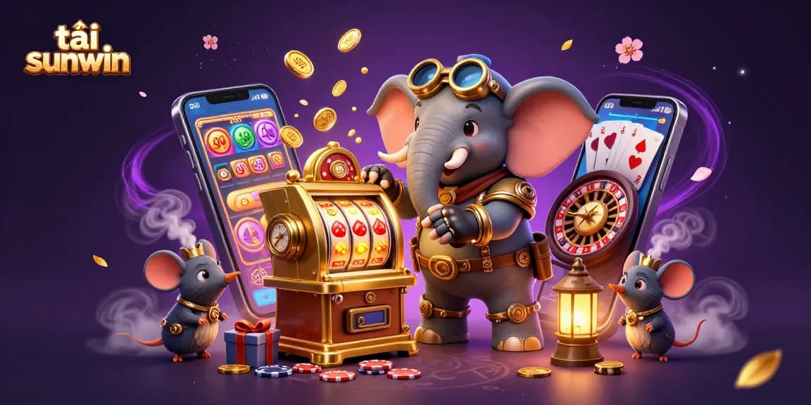 Play exciting games on tải sunwin with a vivid 3D illustration featuring an engineer elephant and game elements.