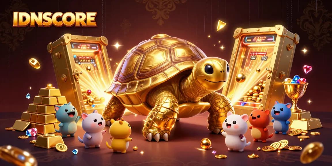 Engage with IDNSCORE's vibrant gaming world, featuring a colossal golden tortoise and exciting casino elements.