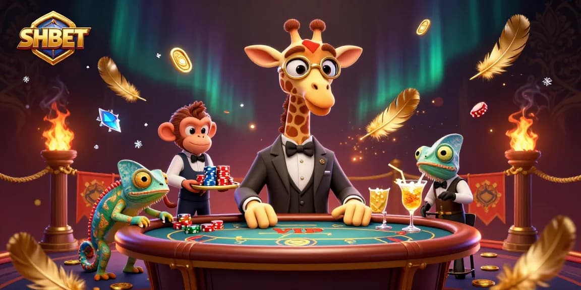 Engage in thrilling games at SHBET with this vibrant 3D casino scene featuring unique characters.