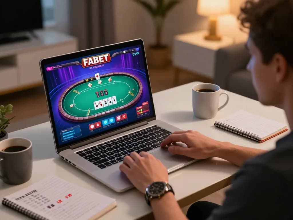 Engaged player using FABET online for poker gaming strategy from a stylish home office.