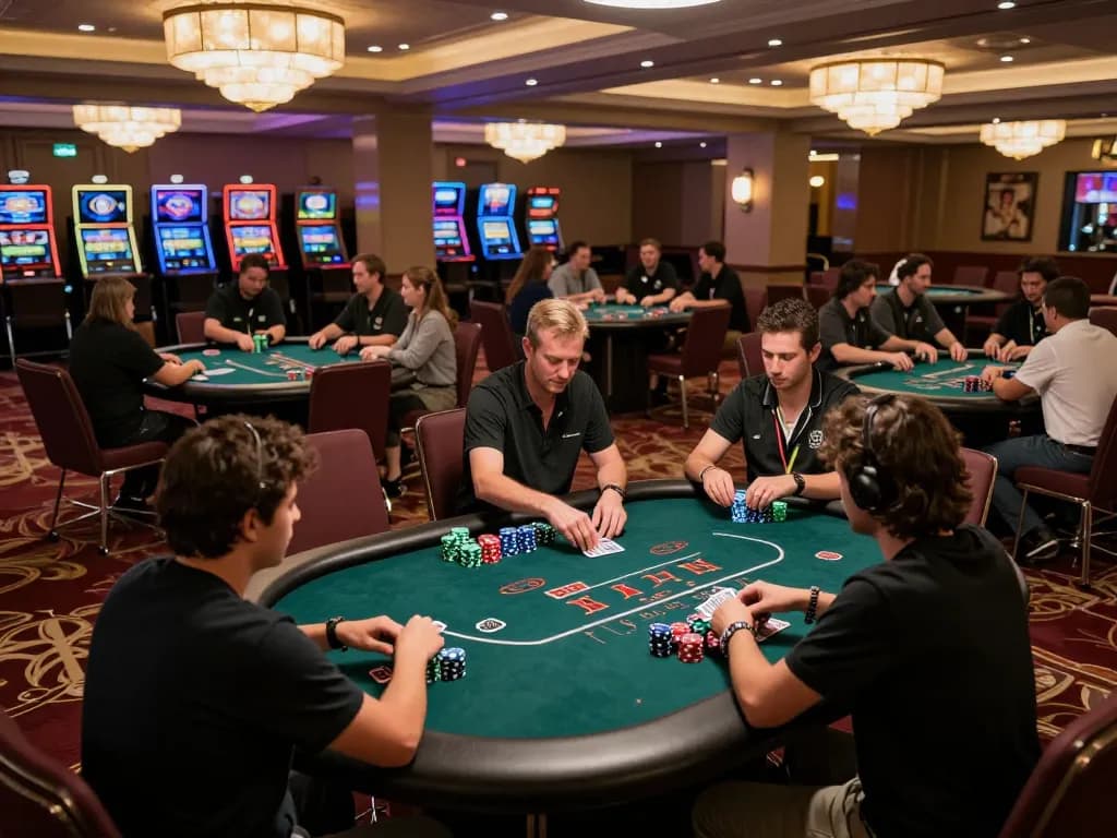 KP88 players strategizing during a poker game at an upscale casino with vibrant ambience.