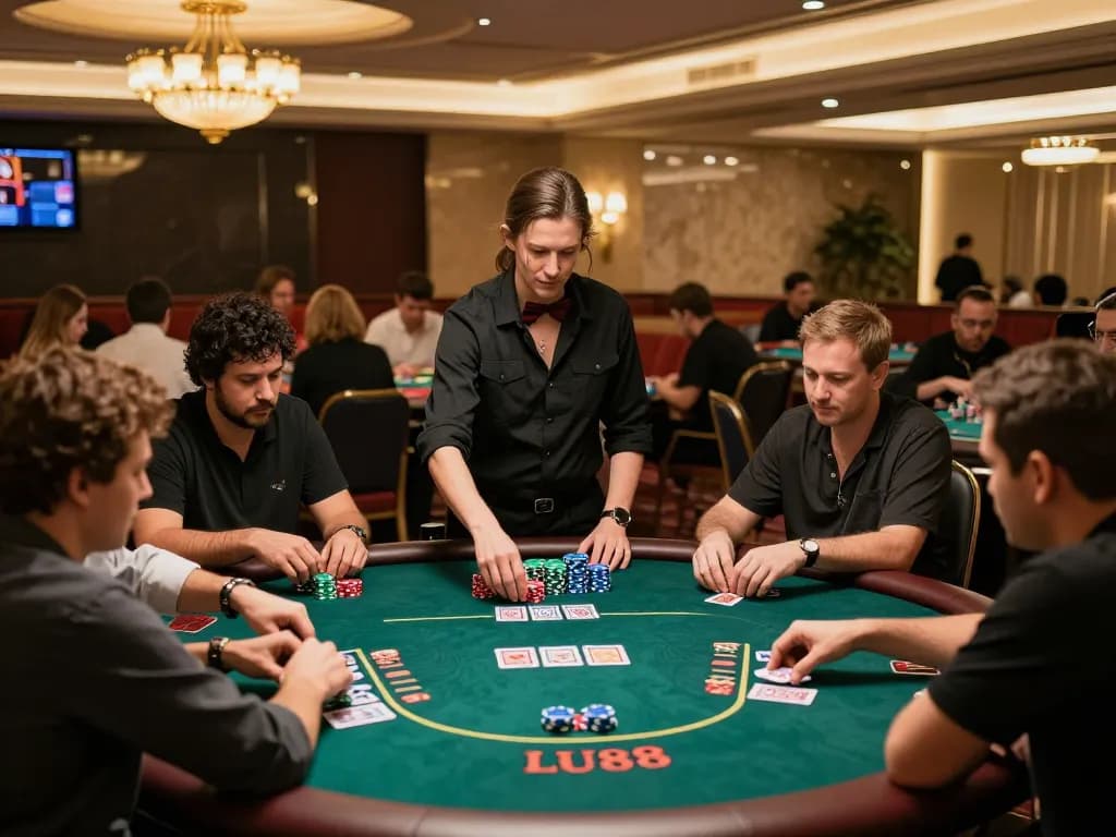 Players at LU88 poker table engaging in strategic gameplay, focused on winning hands.