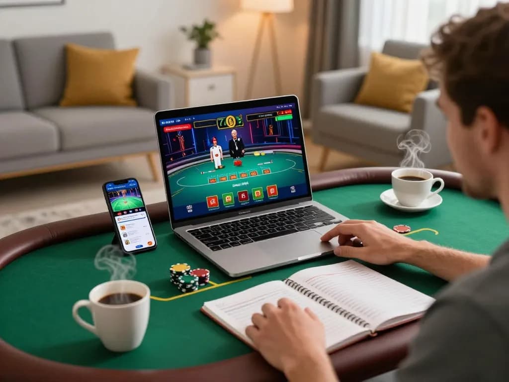 Engaged in strategic online poker gameplay at home featuring 789 win interface.