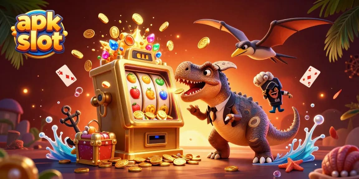 Menang jackpot dengan apk slot sambil melihat dinosaurus dalam ilustrasi 3D yang penuh warna.