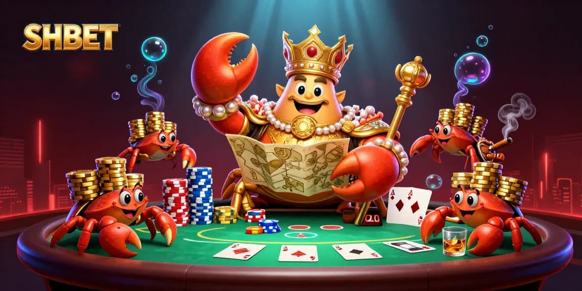 Experience the thrill of SHBET with the golden crab emperor and poker elements in this vibrant illustration.