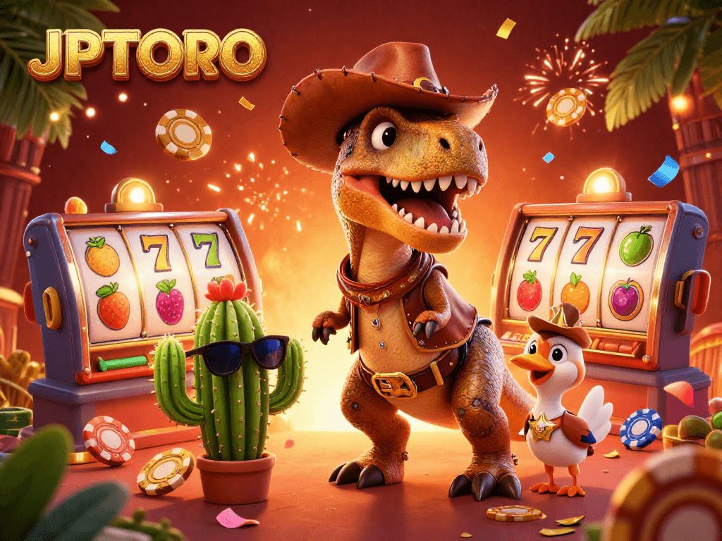 Win big with JPTOTO in a vibrant casino scene featuring a T-Rex and immersive slots.