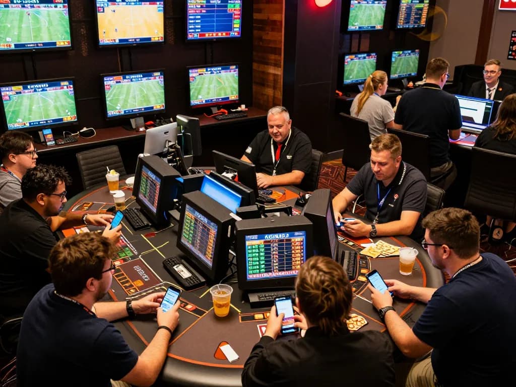 CM88 players analyzing odds in an exciting sports betting atmosphere with multiple screens