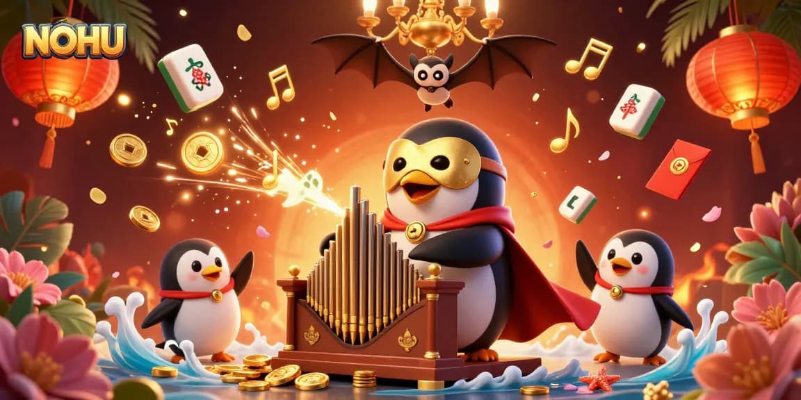 Experience NOHU with a penguin playing a golden pipe organ, surrounded by festive gambling elements.