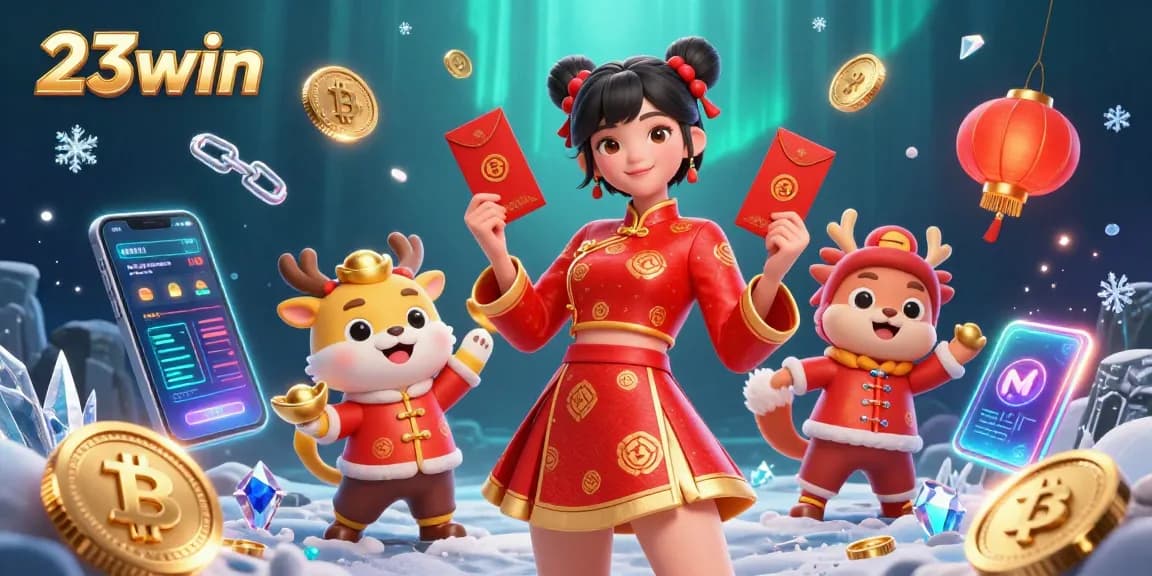 Experience the thrill of 23win casino with vibrant visuals of games and crypto elements.