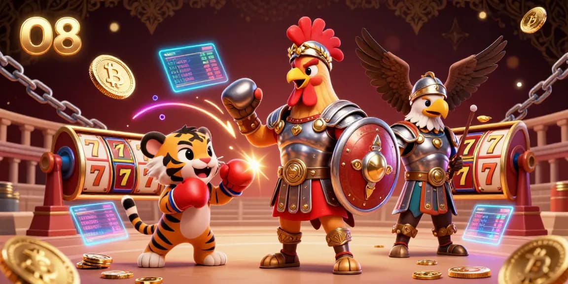Engage with the thrilling online casino experience at O8 featuring vibrant characters and dynamic gaming elements.