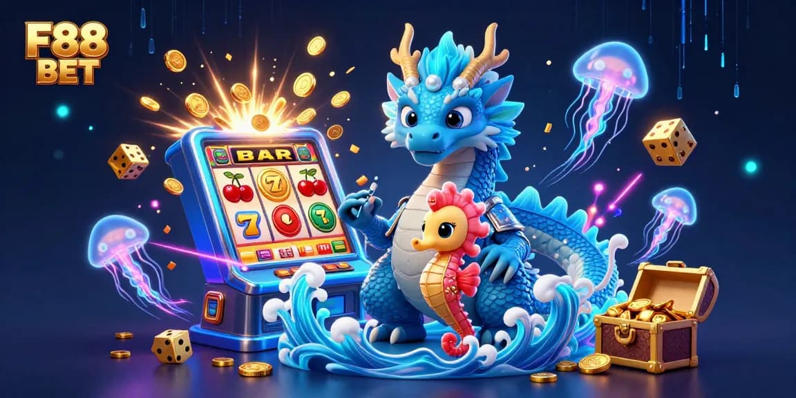 Engage with F88 BET's dynamic casino world, featuring a dragon, seahorse knight, and jackpot elements.