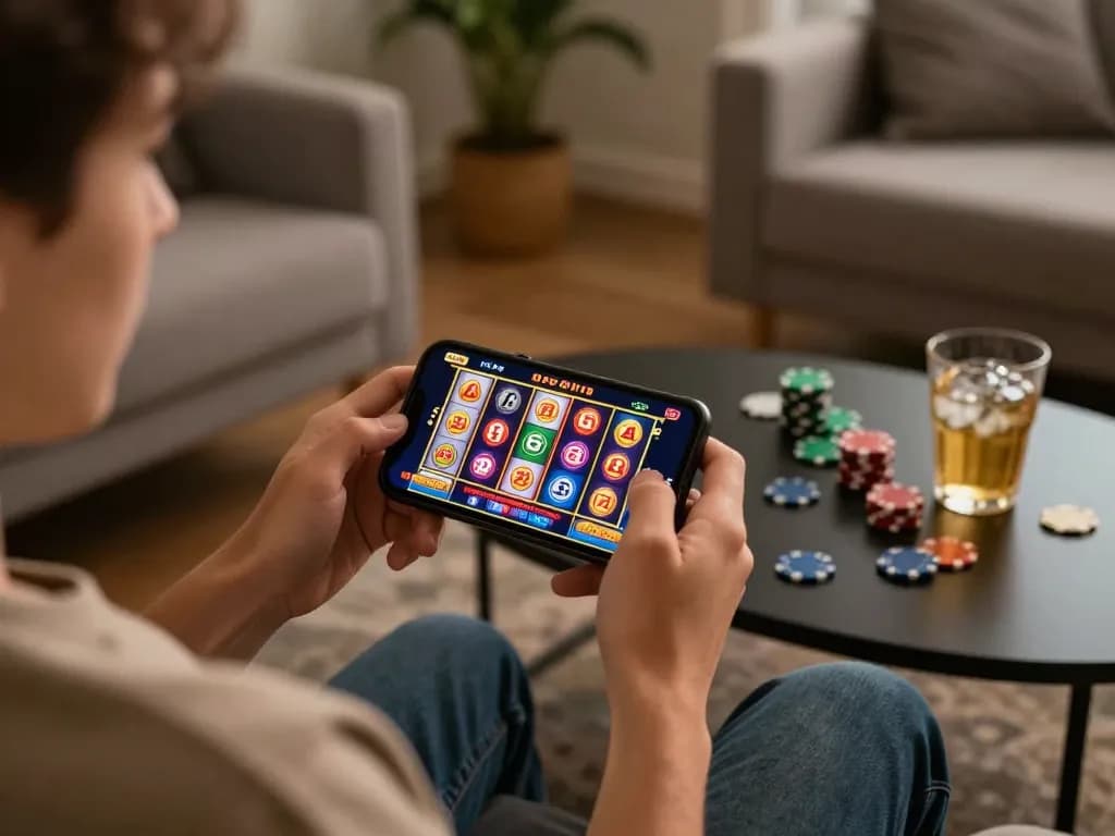 Engaging mobile gameplay at Link SC88, with a smartphone displaying a vibrant slot machine game.