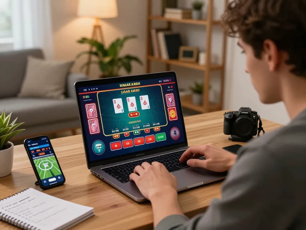 Engaging in live casino gameplay on a laptop with LGOSUPER, showcasing online betting excitement in a cozy setting.