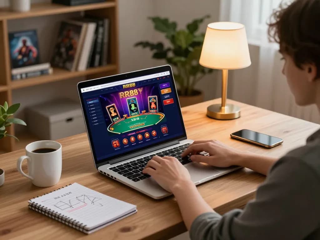 Player engaging with the RR88 online casino interface, showcasing a dynamic gaming environment at home.
