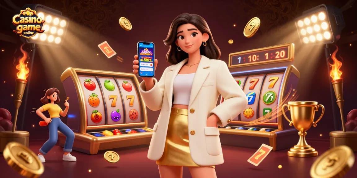 Play exciting casino game online with vibrant 3D visuals showcasing slots and trophy elements.