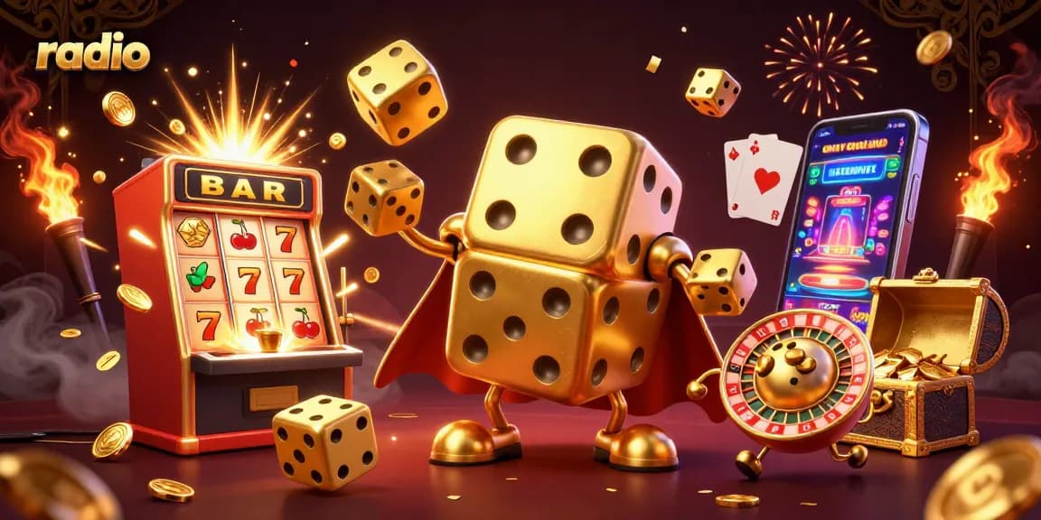 Experience thrilling gameplay with radio-themed slot machines and golden dice in this vibrant casino scene.