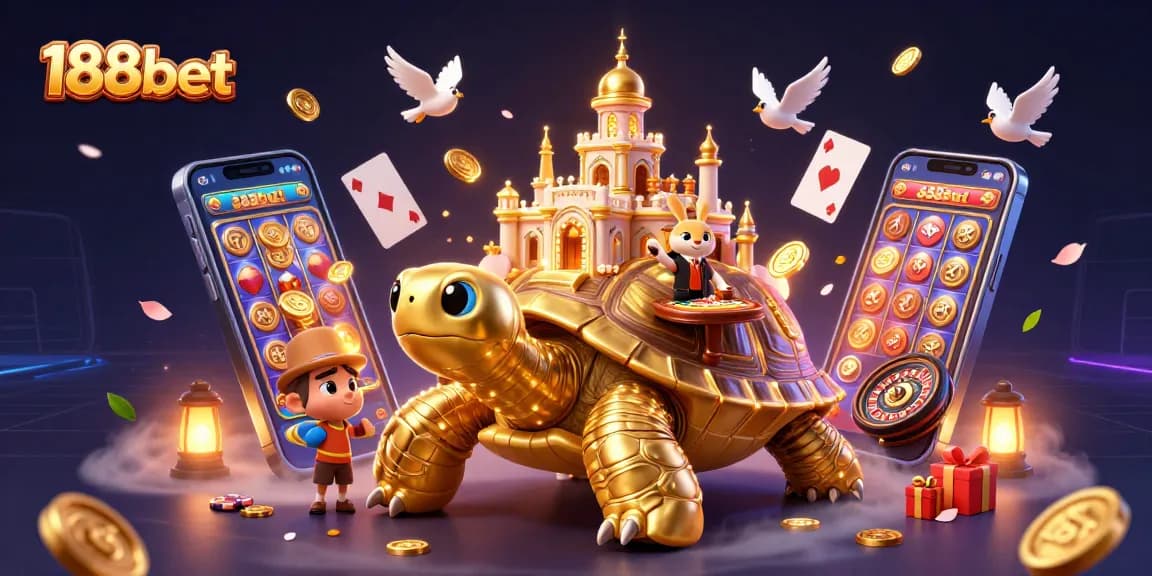 Experience thrilling gameplay with 188bet at this vibrant casino illustration featuring a golden tortoise and a rabbit dealer.