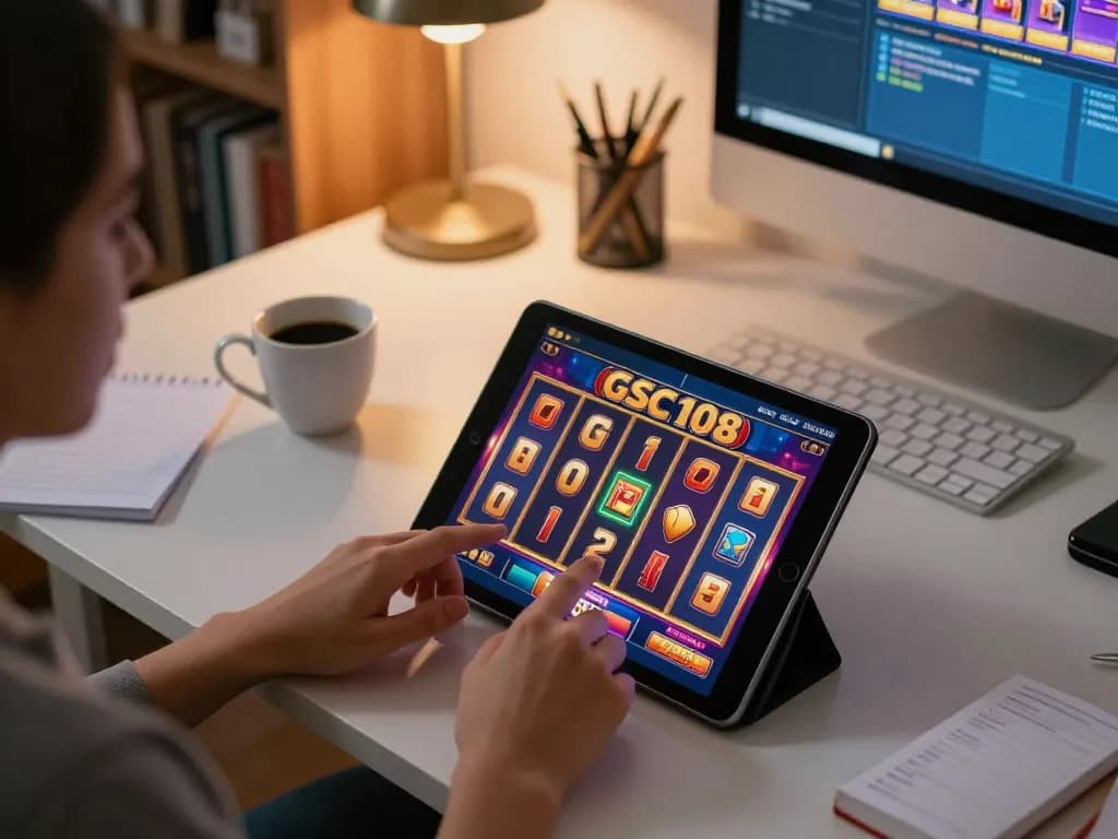 Orang yang bermain slot online Gsc108 di tablet dalam suasana kantor rumah modern