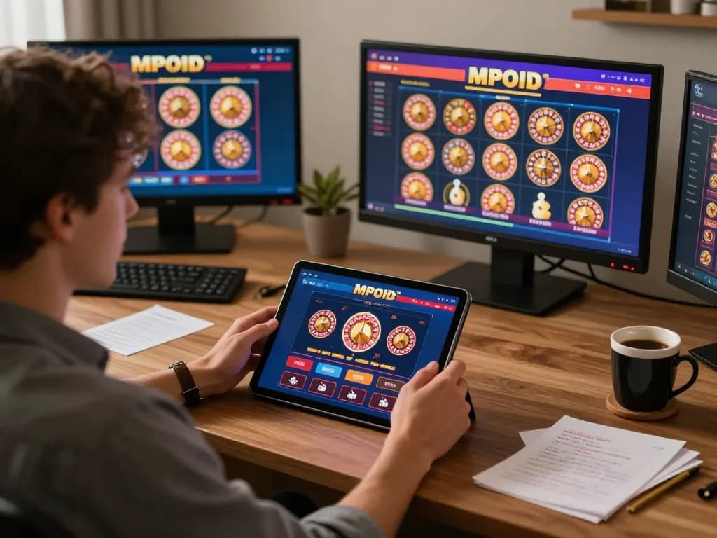 MPOID player engaging in online slots gameplay with strategic notes for better odds.