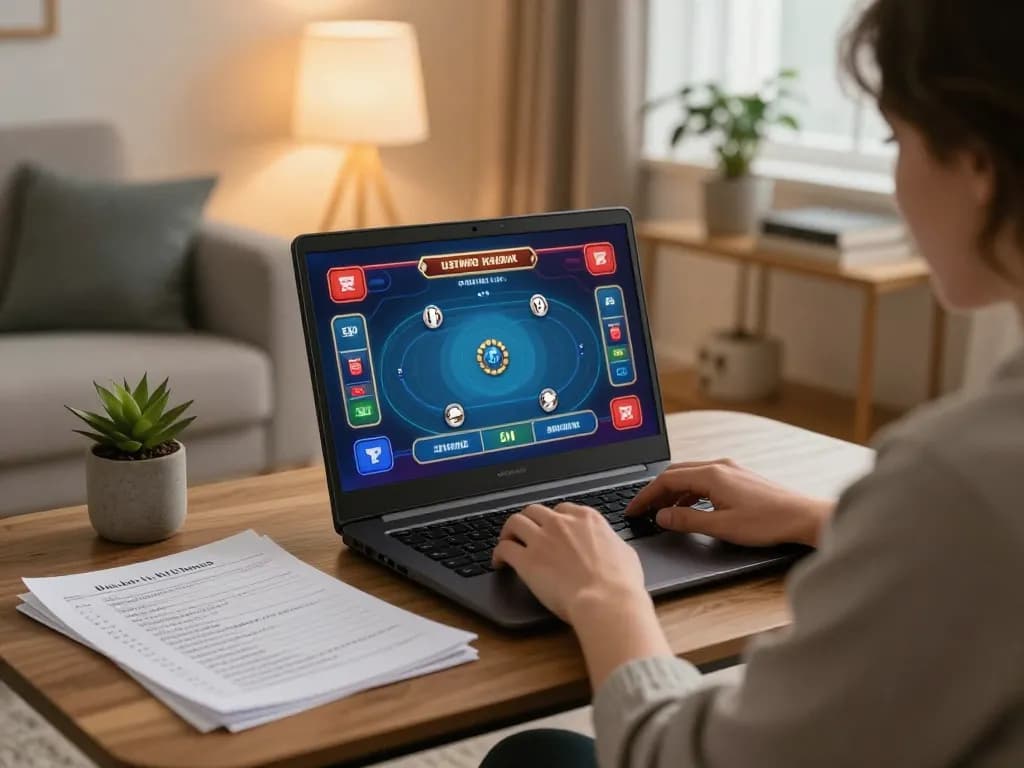 MPO08 user engaging in a vibrant online poker game from the comfort of home, showcasing responsible gaming practices.